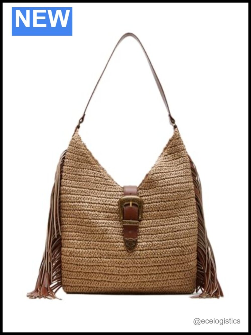 Straw Hobo Bag with Fringe Shoulder Strap Magnetic Snap